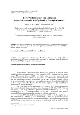 Lectotypification of the Linnaean Name Marchantia Hemisphaerica L