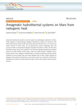 Amagmatic Hydrothermal Systems on Mars from Radiogenic Heat ✉ Lujendra Ojha 1 , Suniti Karunatillake 2, Saman Karimi 3 & Jacob Buffo4