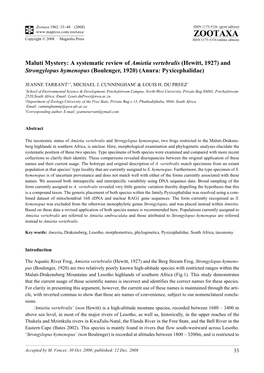 Zootaxa, Maluti Mystery: a Systematic Review of Amietia Vertebralis (Hewitt, 1927) And