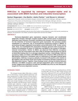 H4k12ac Is Regulated by Estrogen Receptor-Alpha and Is Associated with BRD4 Function and Inducible Transcription