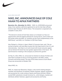 Nike, Inc. Announces Sale of Cole Haan to Apax Partners