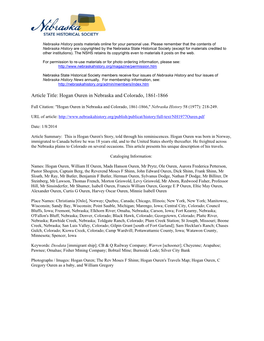 Article Title: Hogan Ouren in Nebraska and Colorado, 1861-1866