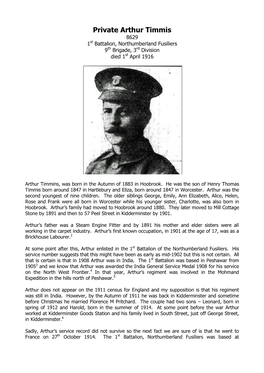 Private Arthur Timmis 8629 1St Battalion, Northumberland Fusiliers 9Th Brigade, 3Rd Division Died 1St April 1916