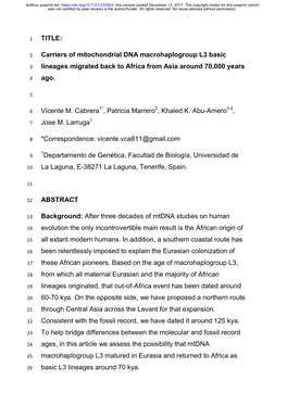 TITLE: Carriers of Mitochondrial DNA Macrohaplogroup L3 Basic