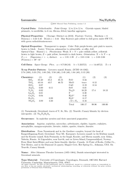 Lorenzenite Na2ti2si2o9 C 2001 Mineral Data Publishing, Version 1.2 ° Crystal Data: Orthorhombic