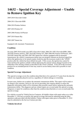 Special Coverage Adjustment – Unable to Remove Ignition Key
