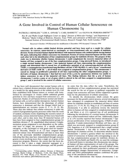 A Gene Involved in Control of Human Cellular Senescence on Human Chromosome Lq PATRICK J