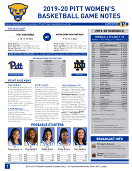 2019-20 Pitt Women's Basketball Game Notes