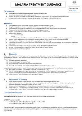 MALARIA TREATMENT GUIDANCE Summary Flow Chart Here GP Referrals:  ID Team Will Review Febrile Returned Travellers on an Urgent Outpatient Basis