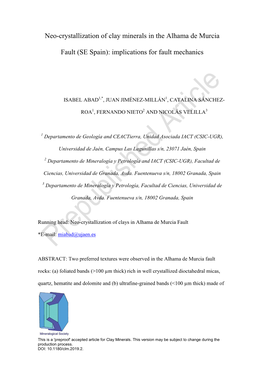 Neo-Crystallization of Clay Minerals in the Alhama De Murcia Fault (SE