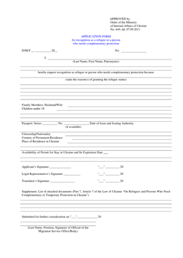 APPLICATION FORM for Recognition As a Refugee Or a Person Who Needs Complementary Protection