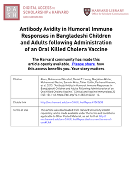 Antibody Avidity in Humoral Immune Responses in Bangladeshi Children and Adults Following Administration of an Oral Killed Cholera Vaccine