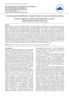 Factors Associated with Distribution of Anopheles Sundaicus in Coastal Area, Kuala Penyu, Sabah