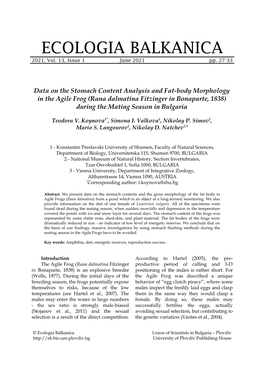 Data on the Stomach Content Analysis and Fat-Body Morphology in the Agile Frog (Rana Dalmatina Fitzinger in Bonaparte, 1838) During the Mating Season in Bulgaria