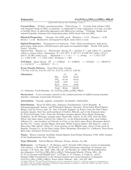 Johannite Cu(UO2)2(SO4)2(OH)2 • 8H2O C 2001-2005 Mineral Data Publishing, Version 1 Crystal Data: Triclinic, Pseudomonoclinic