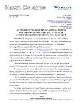 ANOTHER EXTRA HELPING of AMTRAK TRAINS for THANKSGIVING WEEKEND in ILLINOIS Additional Chicago-Bloomington/Normal Round-Trip on Dec