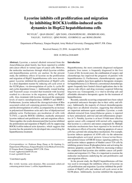 Lycorine Inhibits Cell Proliferation and Migration by Inhibiting ROCK1/Cofilin‑Induced Actin Dynamics in Hepg2 Hepatoblastoma Cells