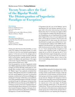 Twenty Years After the End of the Bipolar World. the Disintegration of Yugoslavia: Paradigm Or Exception?