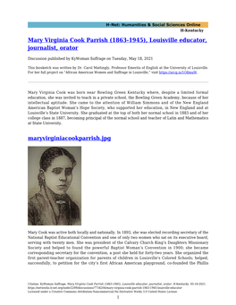 Mary Virginia Cook Parrish (1863-1945), Louisville Educator, Journalist, Orator