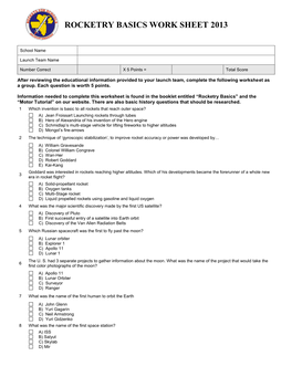 Rocketry Basics Work Sheet 2013