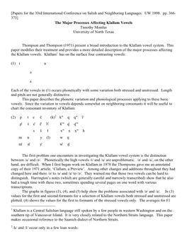 The Major Processes Affecting Klallam Vowels Timothy Montler University of North Texas