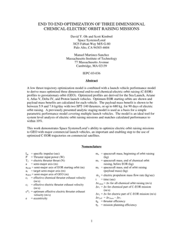 End to End Optimization of Three Dimensional Chemical-Electric Orbit Raising Missions