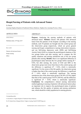 Hospicnursing of Patients with Advanced Tumor Li Jiaxin Liaoning Yingkou Hospital of Traditional Chinese Medicine, Yingkou City, Liaoning Province, China