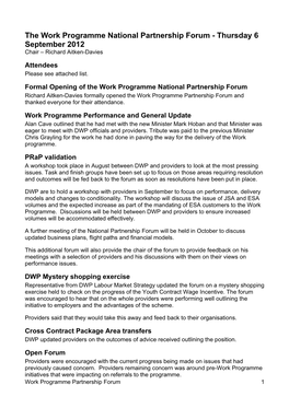 The Work Programme National Partnership Forum - Thursday 6 September 2012 Chair – Richard Aitken-Davies Attendees Please See Attached List