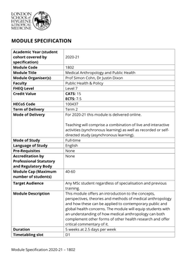 Medical Anthropology and Public Health Module Specifcation 2020-21