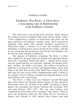 Faulkner's War Birds / a Ghost Story: a Screenplay and Its Relationship with Faulkner's Fiction