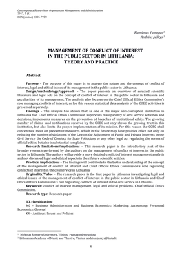 Management of Conflict of Interest in the Public Sector in Lithuania: Theory and Practice