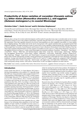 Productivity of Asian Varieties of Cucumber (Cucumis Sativus L.), Bitter Melon (Momordica Charantia L.), and Eggplant (Solanum Melongena L.) in Coastal Mississippi