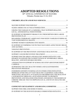 ADOPTED RESOLUTIONS 80Th ANNUAL CONFERENCE of MAYORS Orlando, Florida June 13-16, 2012