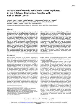 Association of Genetic Variation in Genes Implicated in the B-Catenin Destruction Complex with Risk of Breast Cancer
