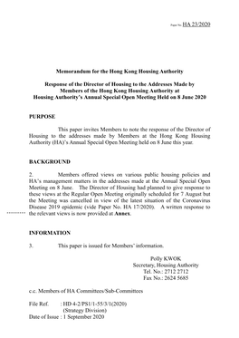 Memorandum for the Hong Kong Housing Authority Response of the Director of Housing to the Addresses Made by Members of the Hong