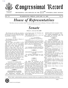 Congressional Record United States Th of America PROCEEDINGS and DEBATES of the 111 CONGRESS, FIRST SESSION