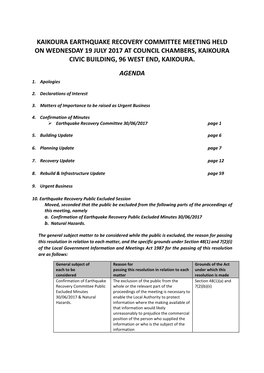Kaikoura Earthquake Recovery Committee Meeting Held on Wednesday 19 July 2017 at Council Chambers, Kaikoura Civic Building, 96 West End, Kaikoura