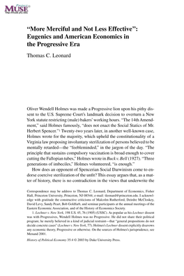Eugenics and American Economics in the Progressive Era Thomas C
