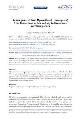 A New Genus of Fossil Mymaridae (Hymenoptera) from Cretaceous Amber and Key to Cretaceous Mymarid Genera