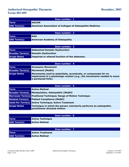 Authorized Osteopathic Thesaurus December, 2003 Terms 001-099