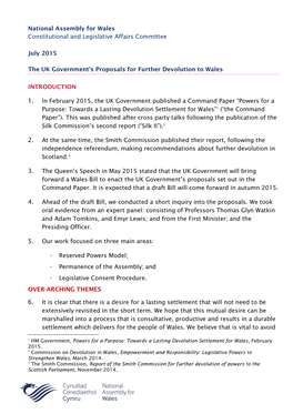 National Assembly for Wales Constitutional and Legislative Affairs Committee July 2015 the UK Government's Proposals for Furth