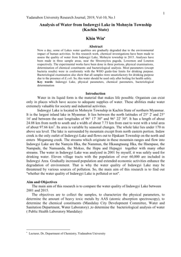 Analysis of Water from Indawgyi Lake in Mohnyin Township (Kachin State)