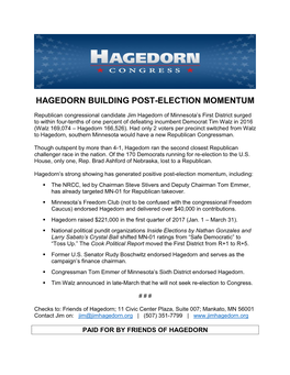 Hagedorn Building Post-Election Momentum