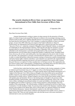 The Security Situation in Rivers State: an Open Letter from Amnesty International to Peter Odili, State Governor of Rivers State