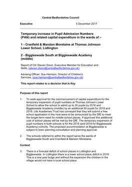 Temporary Increase in Pupil Admission Numbers (PAN) and Related Capital Expenditure in the Wards of –