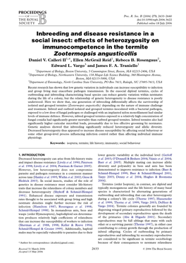 Inbreeding and Disease Resistance in a Social Insect: Effects of Heterozygosity on Immunocompetence in the Termite Zootermopsis Angusticollis Daniel V