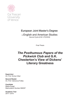 The Posthumous Papers of the Pickwick Club and G.K. Chesterton’S View of Dickens’ Literary Greatness