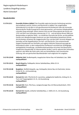 Regierungsbezirk Niederbayern Landkreis Dingolfing-Landau Markt Eichendorf Baudenkmäler