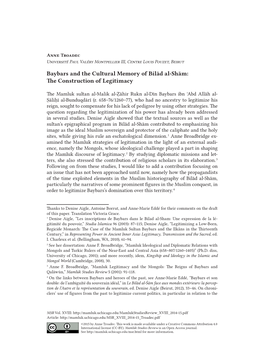 Baybars and the Cultural Memory of Bilād Al-Shām: the Construction of Legitimacy Aannananne T