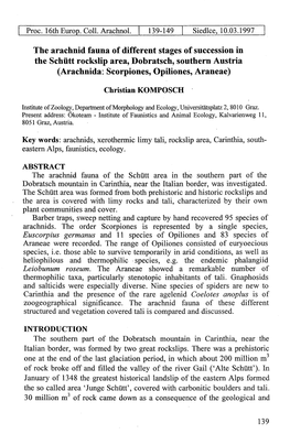 The Arachnid Fauna of Different Stages of Succession in the Schiitt Rockslip Area, Dobratsch, Southern Austria (Arachnida: Scorpiones, Opiliones, Araneae)